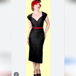 Stop Staring Elegant Black Midi Dress with Red Accents